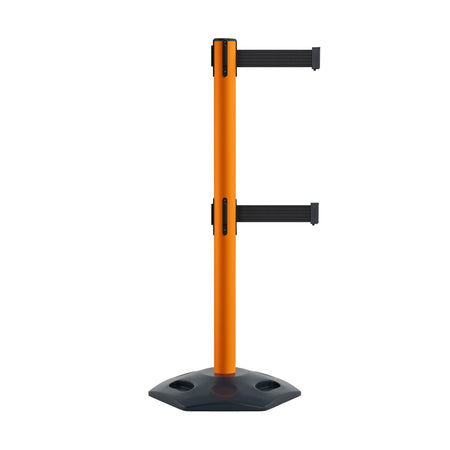 Retractable Dual Belt Barrier Stanchion, Heavy - Duty Rubber Base, 13 ft Belt - Montour Line MSR630D - Crowd Control Warehouse