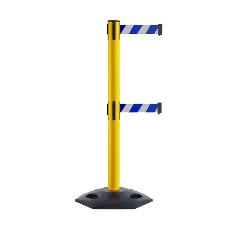 Retractable Dual Belt Barrier Stanchion, Heavy - Duty Rubber Base, 13 ft Belt - Montour Line MSR630D - Crowd Control Warehouse