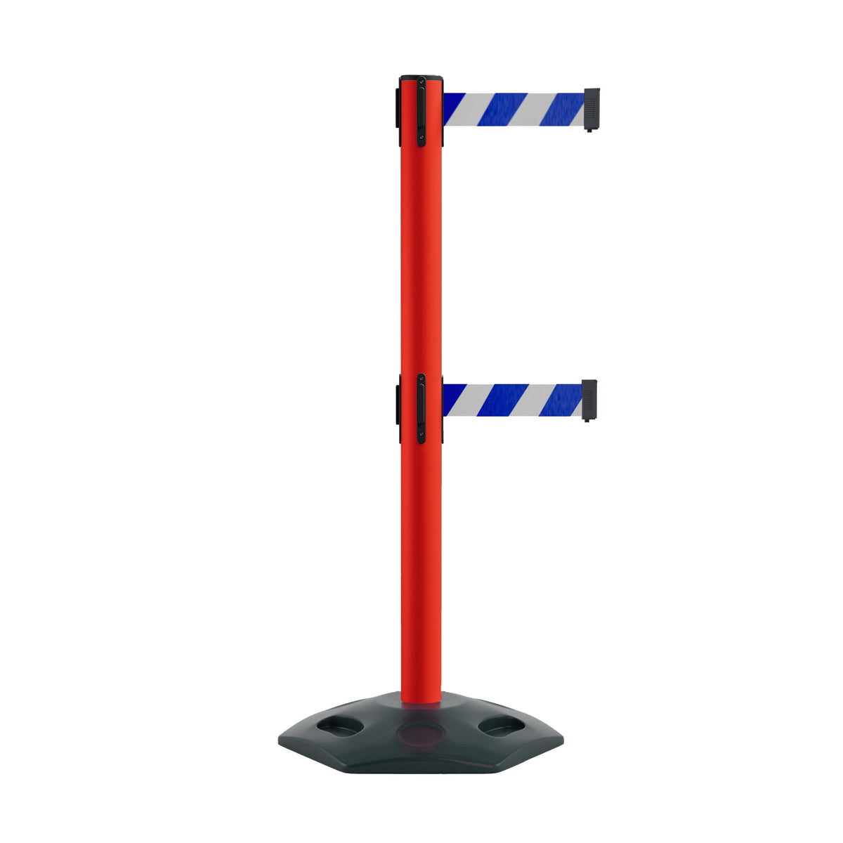 Retractable Dual Belt Barrier Stanchion, Heavy - Duty Rubber Base, 13 ft Belt - Montour Line MSR630D - Crowd Control Warehouse