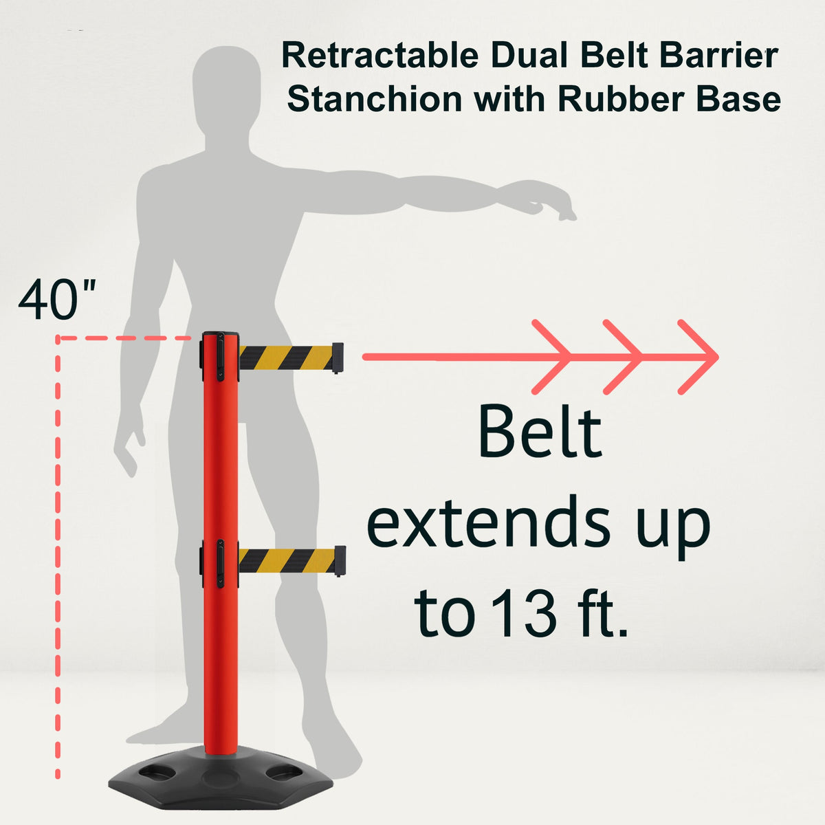 Retractable Dual Belt Barrier Stanchion, Heavy - Duty Rubber Base, 13 ft Belt - Montour Line MSR630D - Crowd Control Warehouse