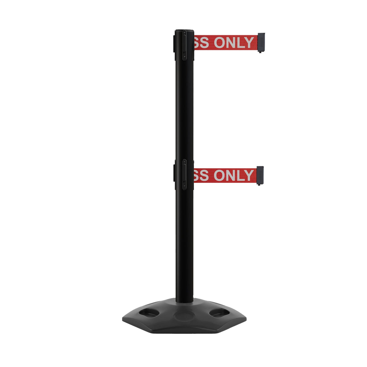 Retractable Dual Belt Barrier Stanchion, Heavy - Duty Rubber Base, 13 ft Belt - Montour Line MSR630D - Crowd Control Warehouse