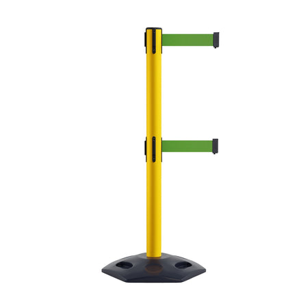 Retractable Dual Belt Barrier Stanchion, Heavy - Duty Rubber Base, 13 ft Belt - Montour Line MSR630D - Crowd Control Warehouse
