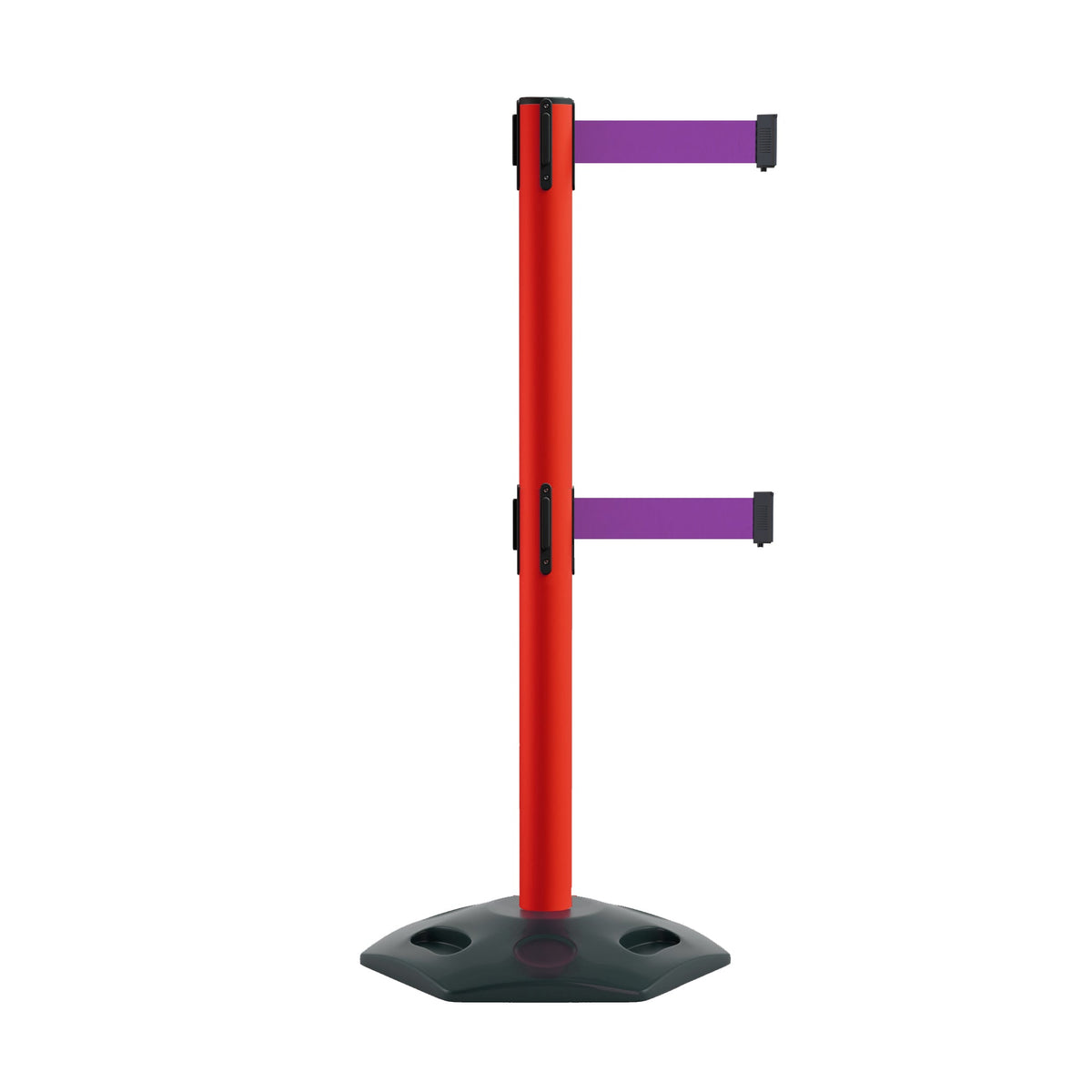 Retractable Dual Belt Barrier Stanchion, Heavy - Duty Rubber Base, 13 ft Belt - Montour Line MSR630D - Crowd Control Warehouse