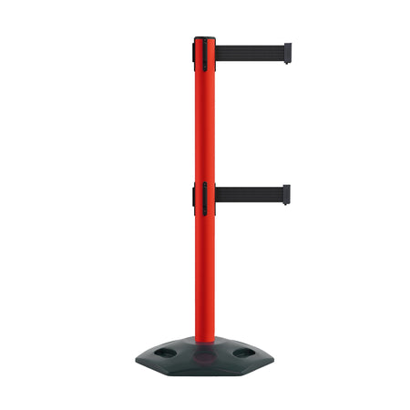 Retractable Dual Belt Barrier Stanchion, Heavy - Duty Rubber Base, 13 ft Belt - Montour Line MSR630D - Crowd Control Warehouse