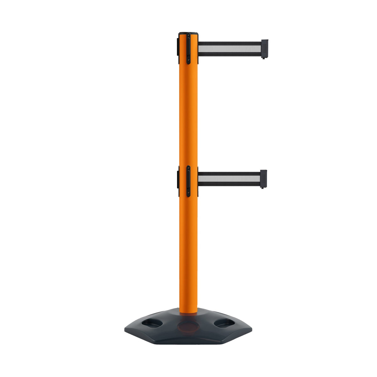 Retractable Dual Belt Barrier Stanchion, Heavy - Duty Rubber Base, 13 ft Belt - Montour Line MSR630D - Crowd Control Warehouse