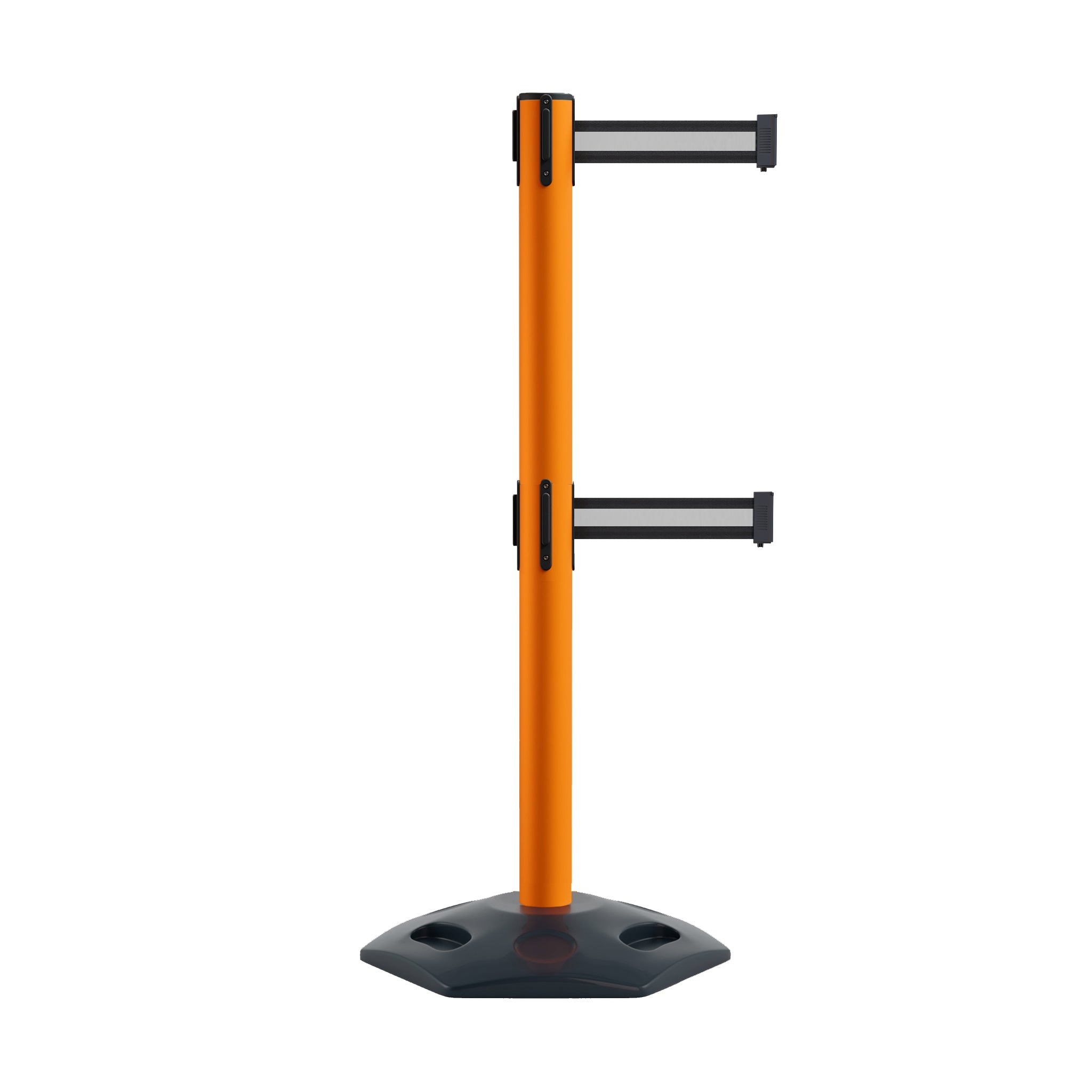 Retractable Dual Belt Barrier Stanchion, Heavy - Duty Rubber Base, 13 ft Belt - Montour Line MSR630D - Crowd Control Warehouse