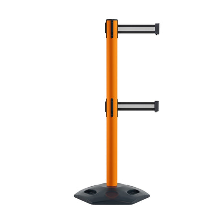 Retractable Dual Belt Barrier Stanchion, Heavy - Duty Rubber Base, 13 ft Belt - Montour Line MSR630D - Crowd Control Warehouse