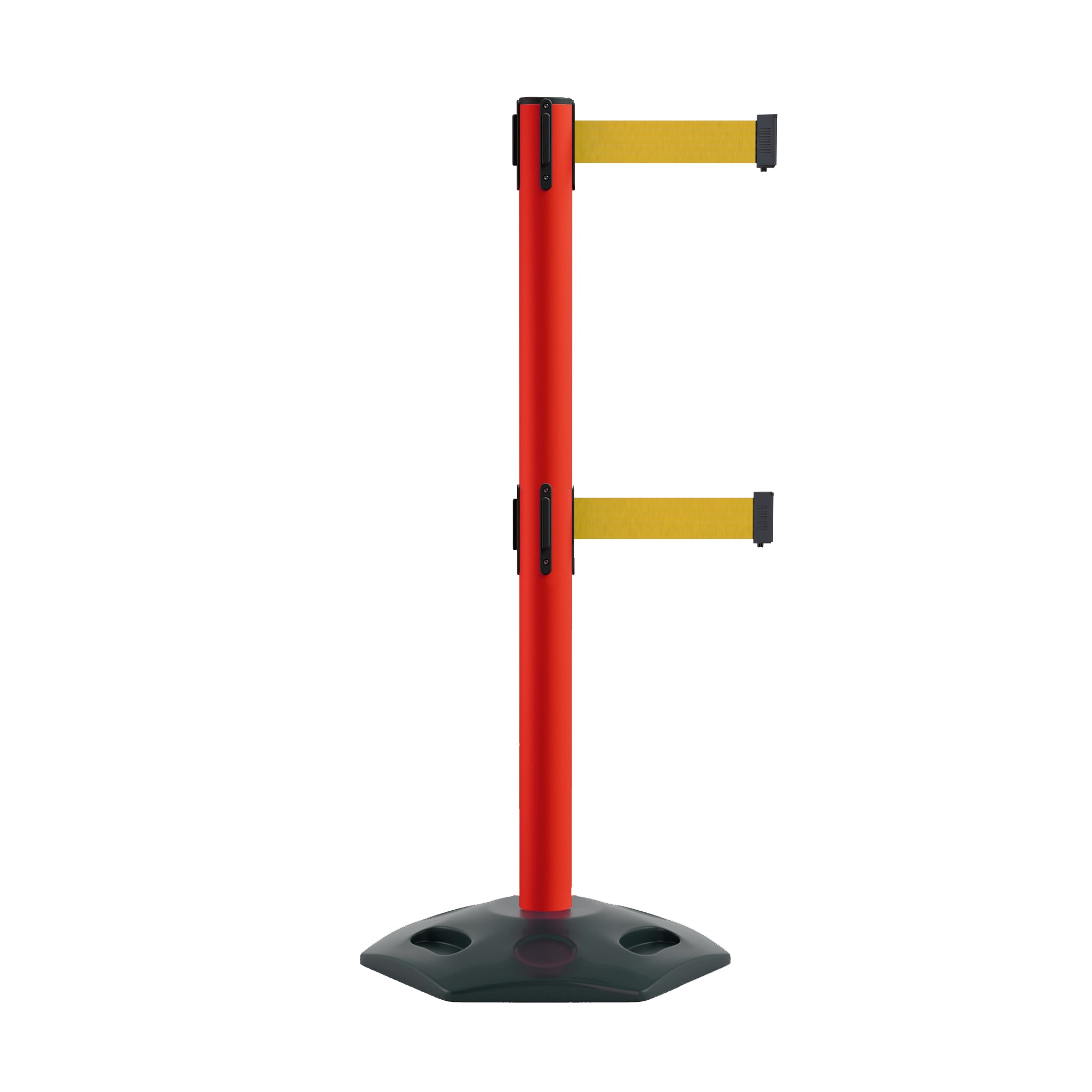 Retractable Dual Belt Barrier Stanchion, Heavy - Duty Rubber Base, 13 ft Belt - Montour Line MSR630D - Crowd Control Warehouse