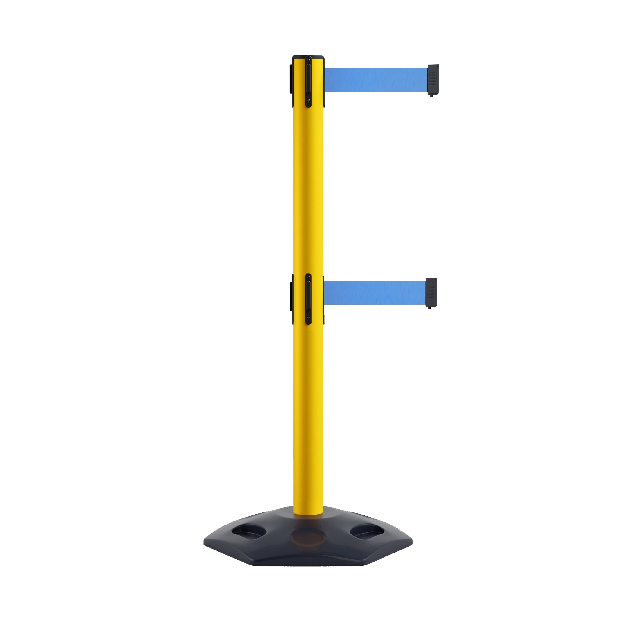 Retractable Dual Belt Barrier Stanchion, Heavy - Duty Rubber Base, 13 ft Belt - Montour Line MSR630D - Crowd Control Warehouse