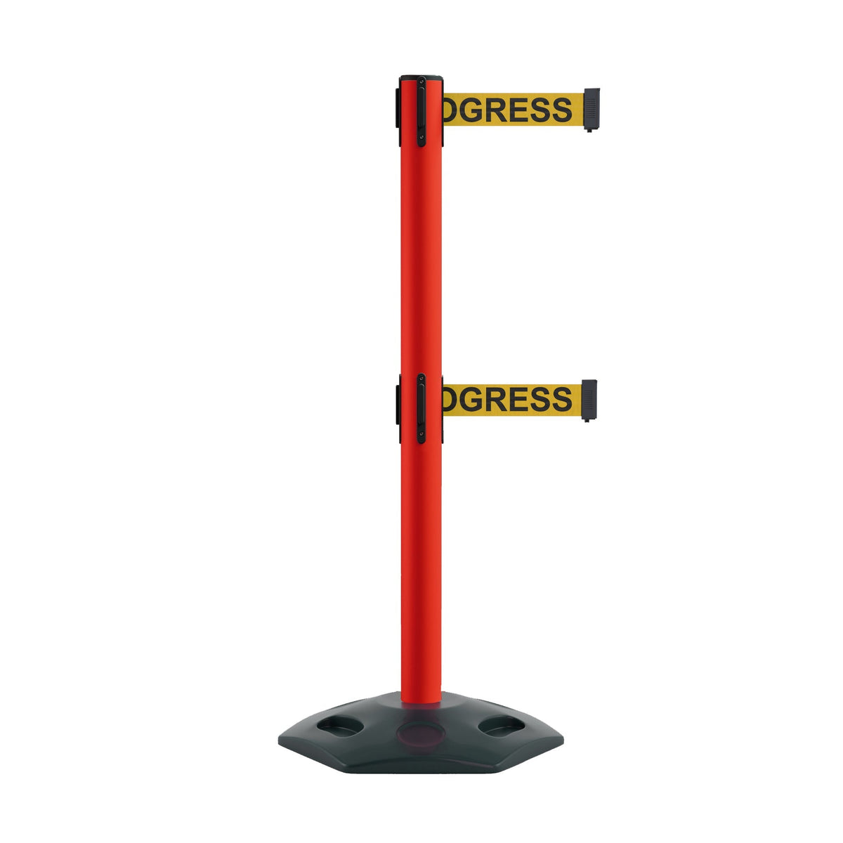 Retractable Dual Belt Barrier Stanchion, Heavy - Duty Rubber Base, 13 ft Belt - Montour Line MSR630D - Crowd Control Warehouse