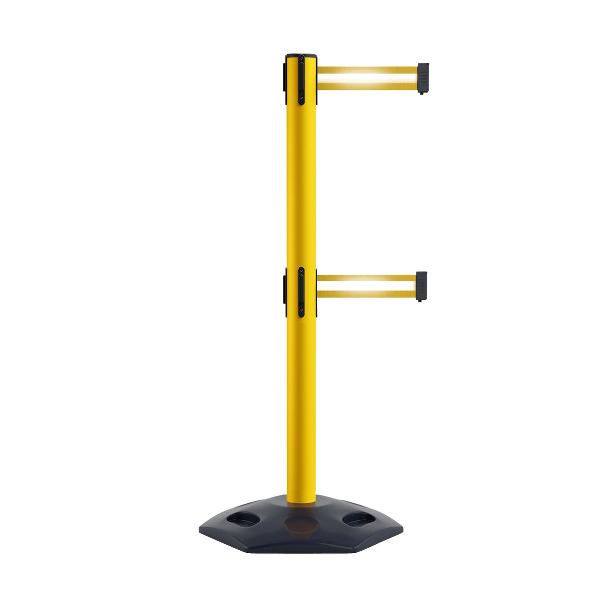 Retractable Dual Belt Barrier Stanchion, Heavy - Duty Rubber Base, 13 ft Belt - Montour Line MSR630D - Crowd Control Warehouse