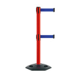 Retractable Dual Belt Barrier Stanchion, Heavy - Duty Rubber Base, 13 ft Belt - Montour Line MSR630D - Crowd Control Warehouse