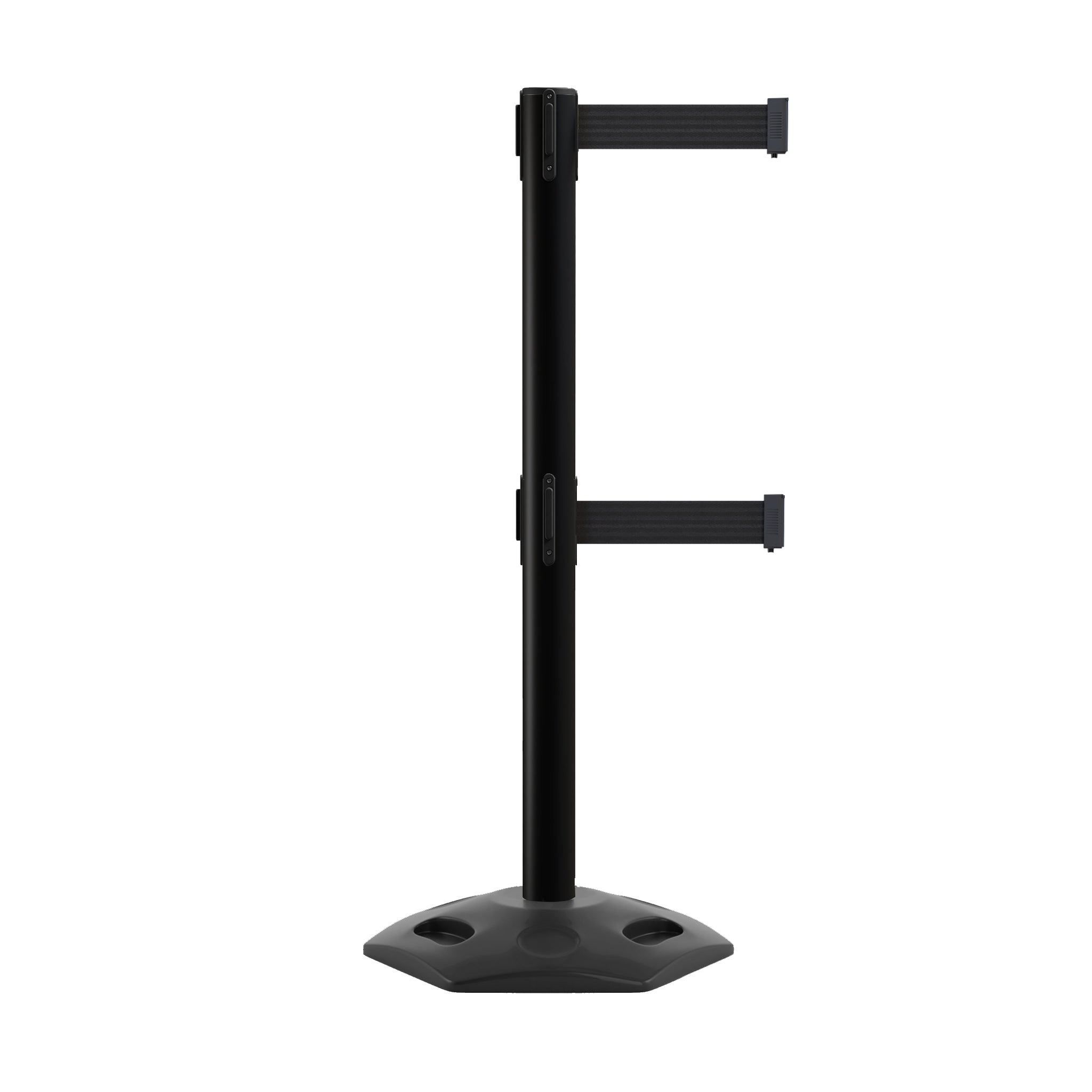 Retractable Dual Belt Barrier Stanchion, Heavy - Duty Rubber Base, 13 ft Belt - Montour Line MSR630D - Crowd Control Warehouse