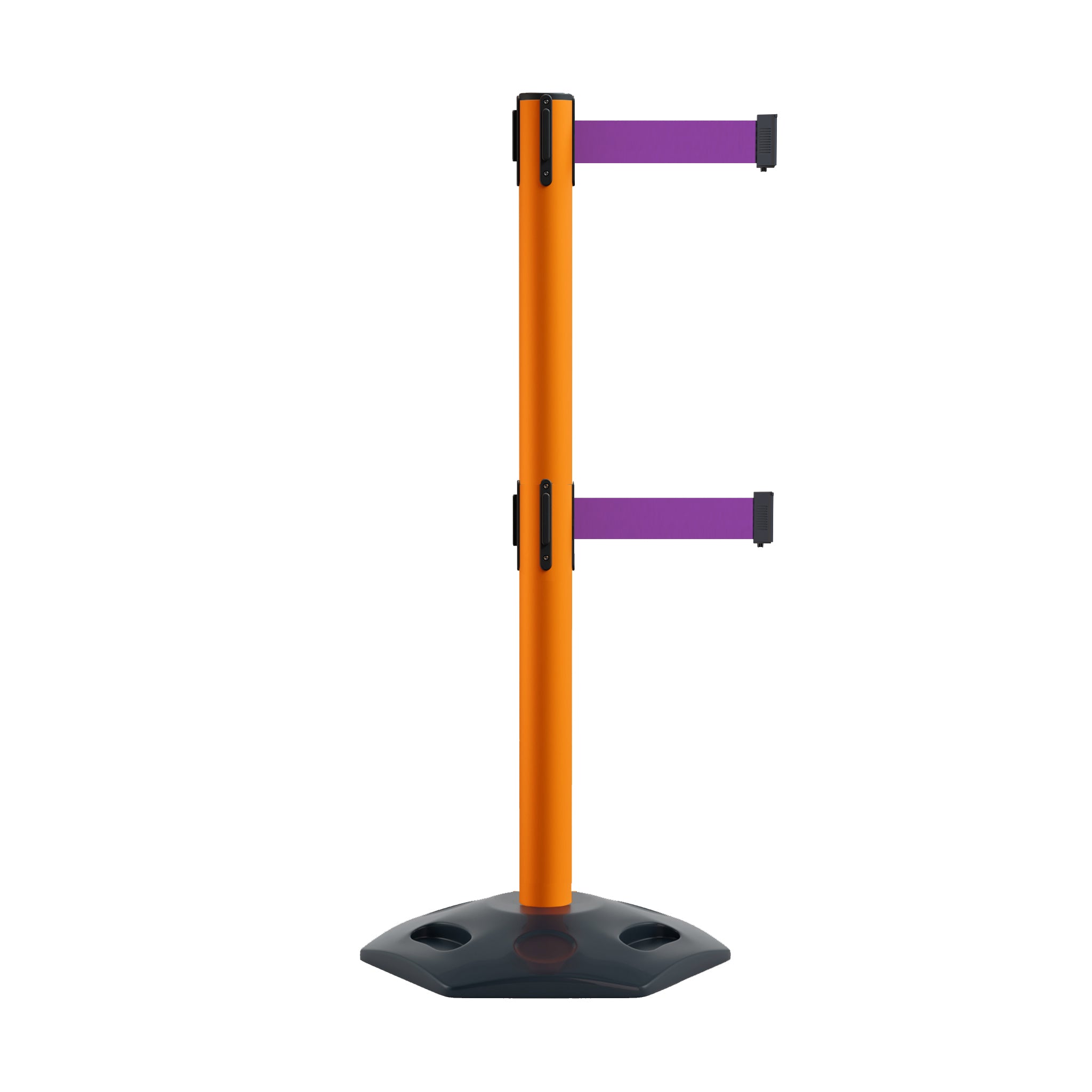 Retractable Dual Belt Barrier Stanchion, Heavy - Duty Rubber Base, 13 ft Belt - Montour Line MSR630D - Crowd Control Warehouse