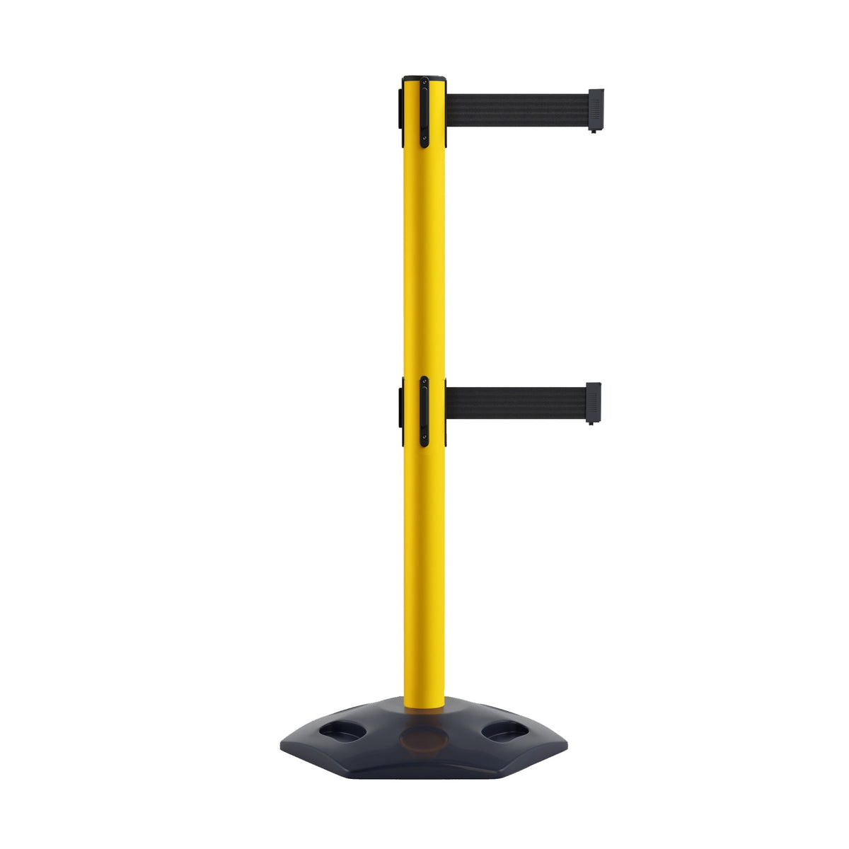 Retractable Dual Belt Barrier Stanchion, Heavy - Duty Rubber Base, 13 ft Belt - Montour Line MSR630D - Crowd Control Warehouse