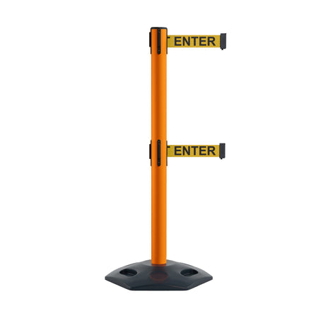 Retractable Dual Belt Barrier Stanchion, Heavy - Duty Rubber Base, 13 ft Belt - Montour Line MSR630D - Crowd Control Warehouse