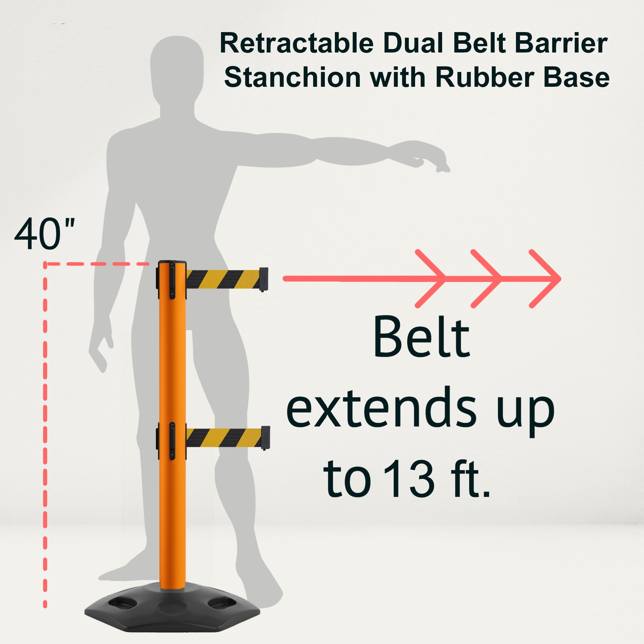 Retractable Dual Belt Barrier Stanchion, Heavy - Duty Rubber Base, 13 ft Belt - Montour Line MSR630D - Crowd Control Warehouse