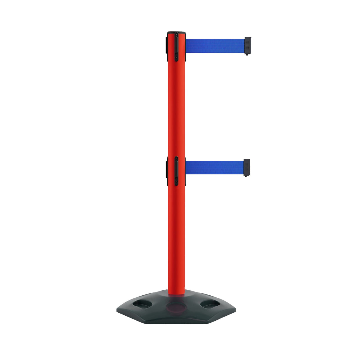 Retractable Dual Belt Barrier Stanchion, Heavy - Duty Rubber Base, 13 ft Belt - Montour Line MSR630D - Crowd Control Warehouse