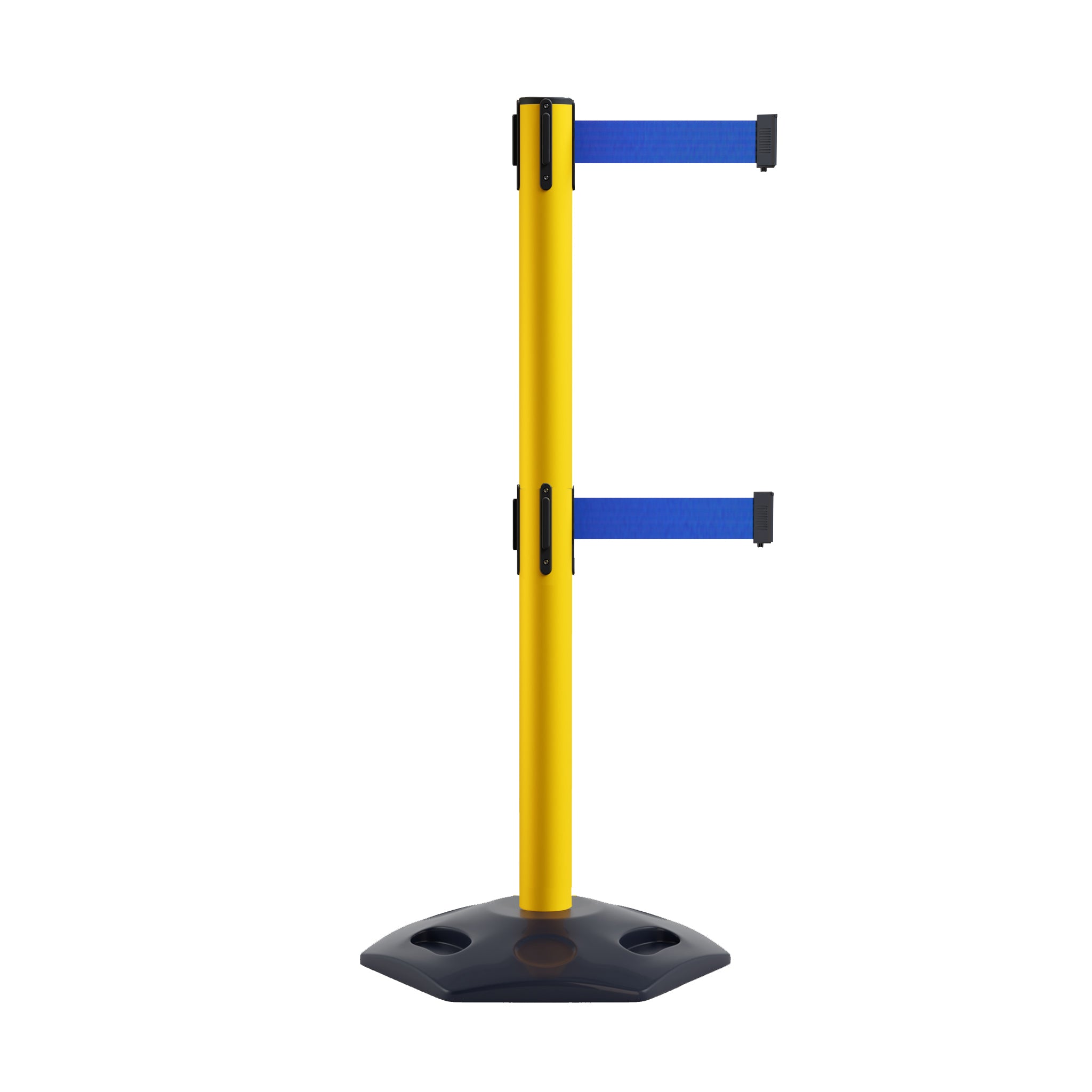 Retractable Dual Belt Barrier Stanchion, Heavy - Duty Rubber Base, 13 ft Belt - Montour Line MSR630D - Crowd Control Warehouse