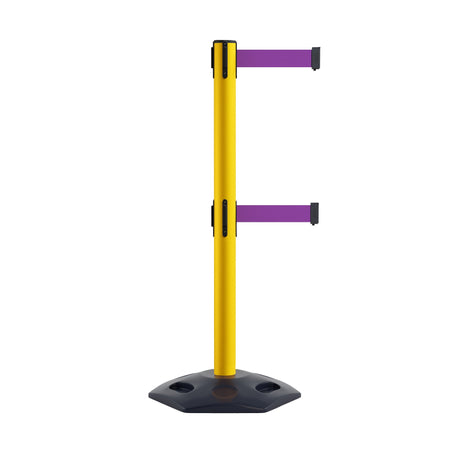 Retractable Dual Belt Barrier Stanchion, Heavy - Duty Rubber Base, 13 ft Belt - Montour Line MSR630D - Crowd Control Warehouse