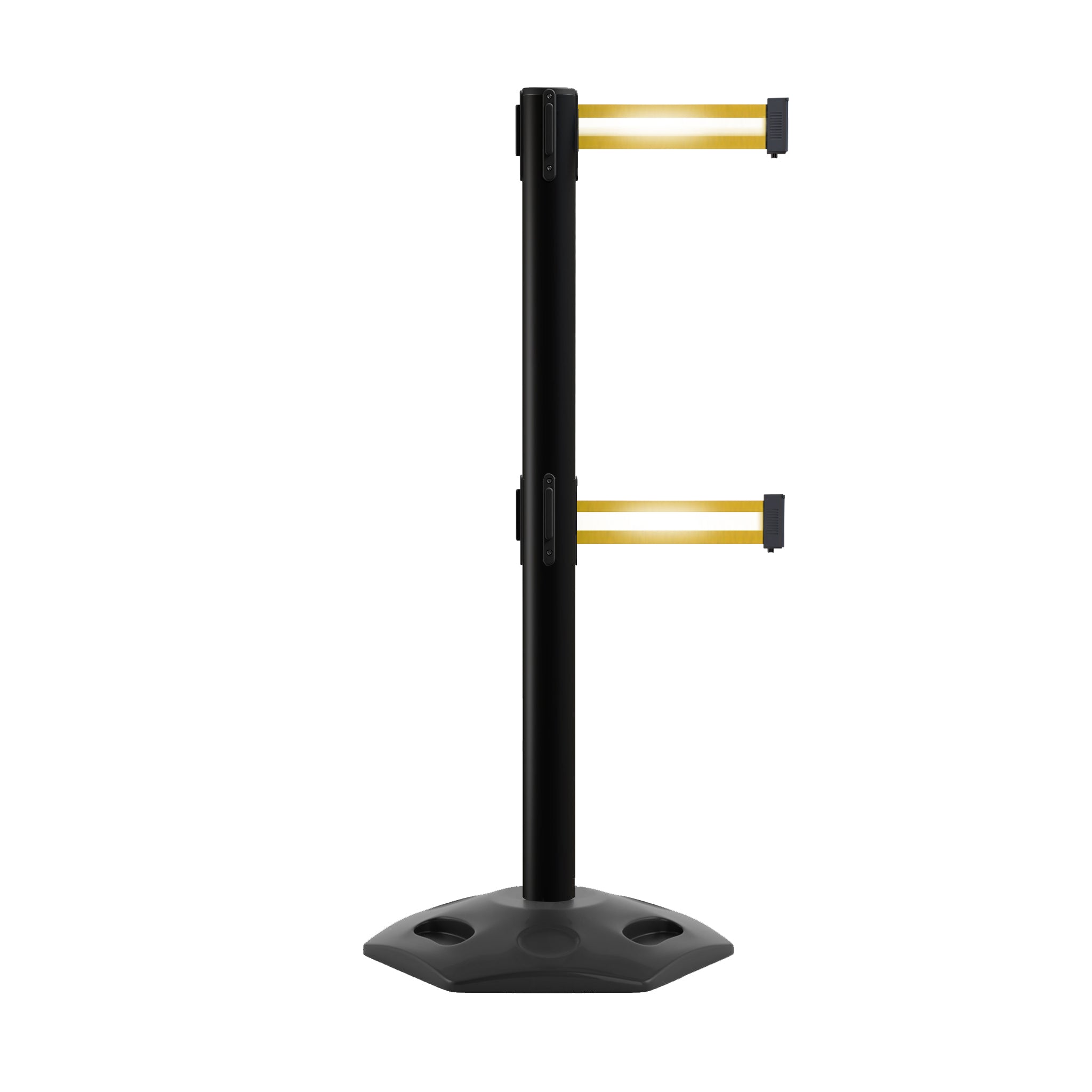 Retractable Dual Belt Barrier Stanchion, Heavy - Duty Rubber Base, 13 ft Belt - Montour Line MSR630D - Crowd Control Warehouse