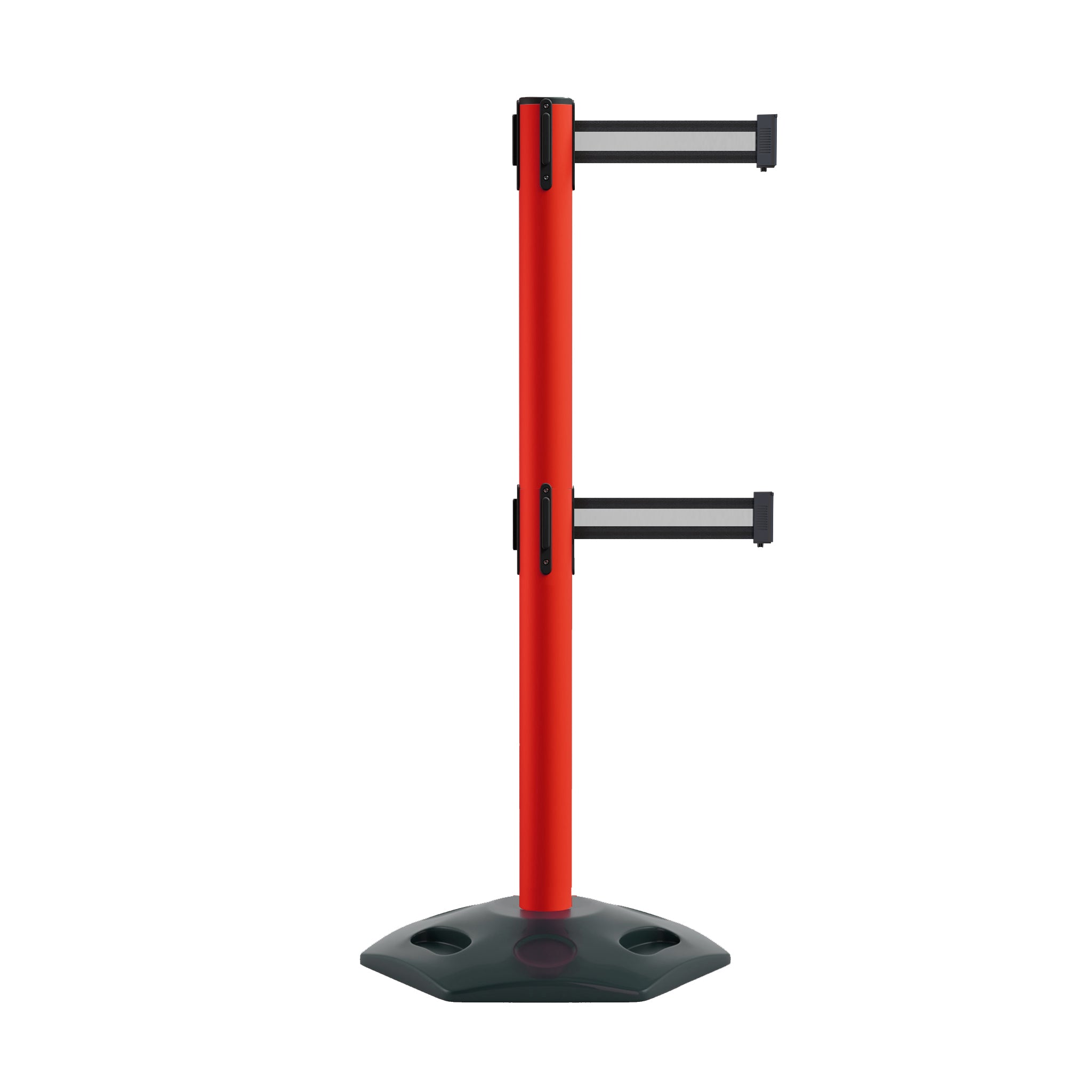 Retractable Dual Belt Barrier Stanchion, Heavy - Duty Rubber Base, 13 ft Belt - Montour Line MSR630D - Crowd Control Warehouse