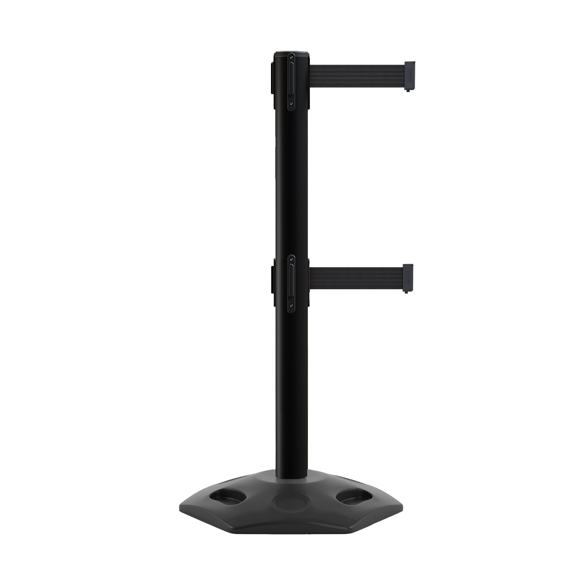 Retractable Dual Belt Barrier Stanchion, Heavy - Duty Rubber Base, 14 ft Belt - Montour Line MSR650D - Crowd Control Warehouse