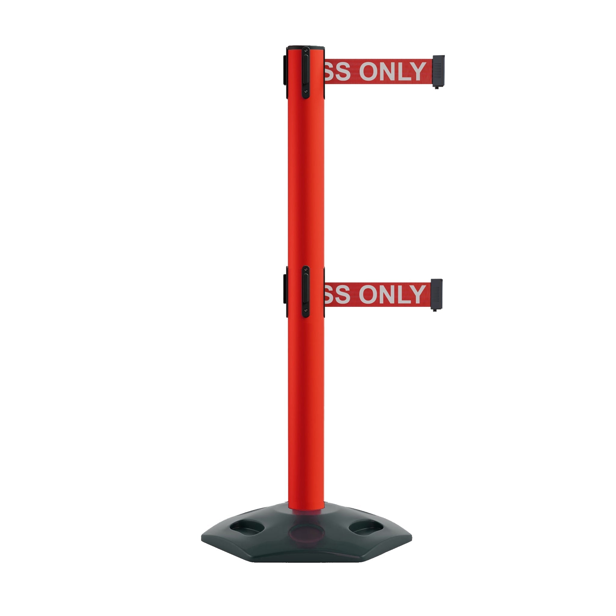 Retractable Dual Belt Barrier Stanchion, Heavy - Duty Rubber Base, 14 ft Belt - Montour Line MSR650D - Crowd Control Warehouse