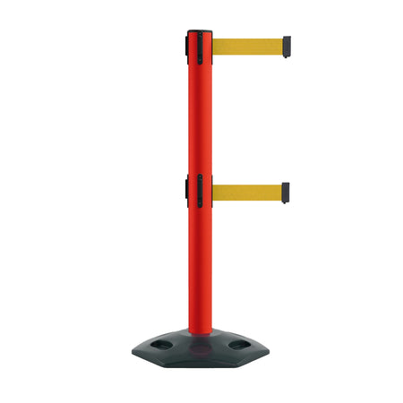 Retractable Dual Belt Barrier Stanchion, Heavy - Duty Rubber Base, 14 ft Belt - Montour Line MSR650D - Crowd Control Warehouse