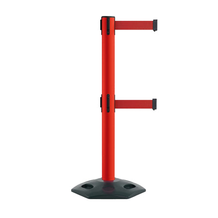 Retractable Dual Belt Barrier Stanchion, Heavy - Duty Rubber Base, 14 ft Belt - Montour Line MSR650D - Crowd Control Warehouse