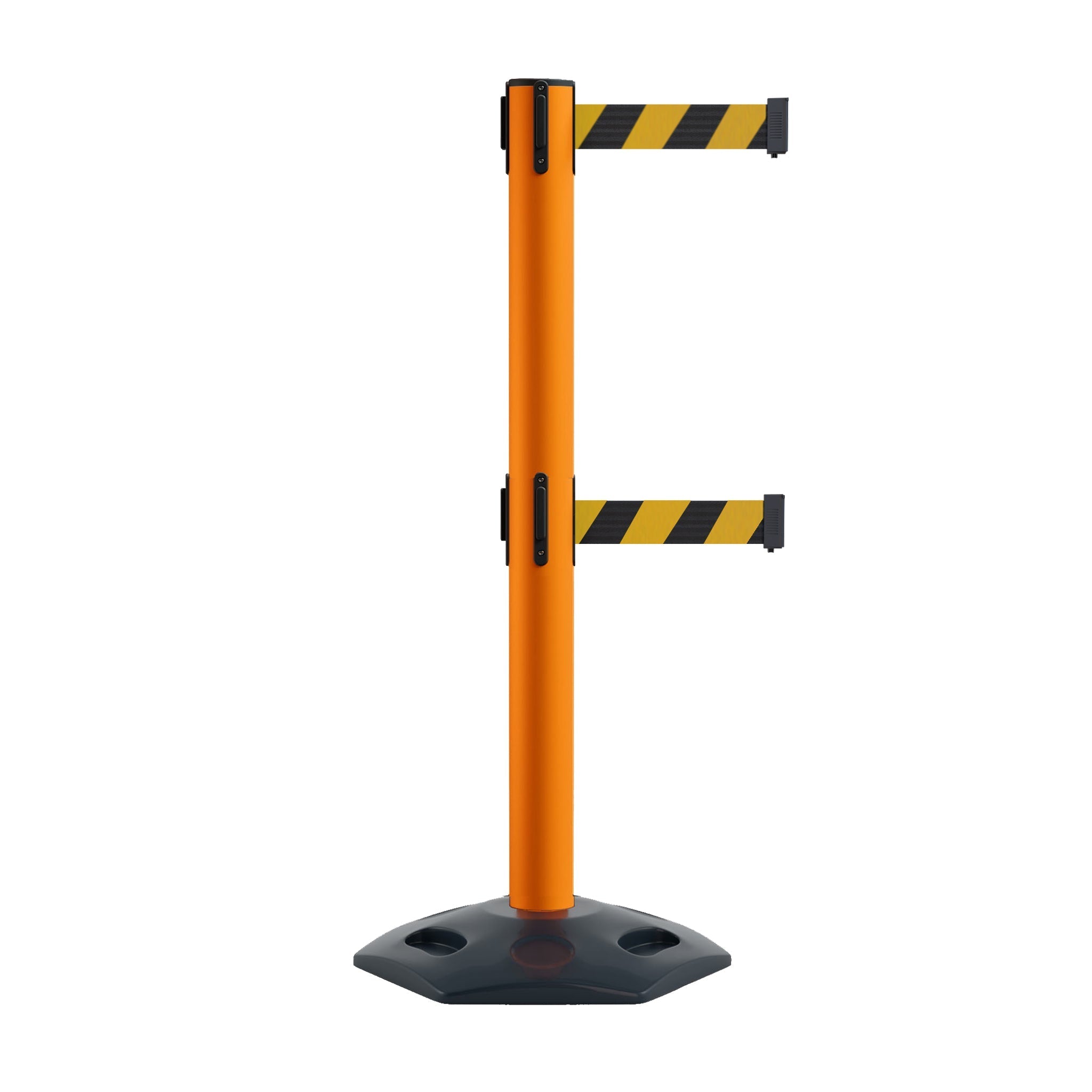 Retractable Dual Belt Barrier Stanchion, Heavy - Duty Rubber Base, 16 ft Belt - Montour Line MSR650D - Crowd Control Warehouse