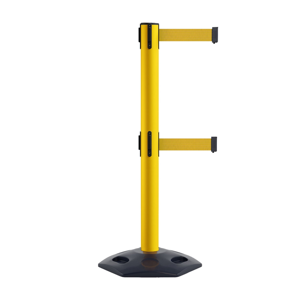 Retractable Dual Belt Barrier Stanchion, Heavy - Duty Rubber Base, 16 ft Belt - Montour Line MSR650D - Crowd Control Warehouse