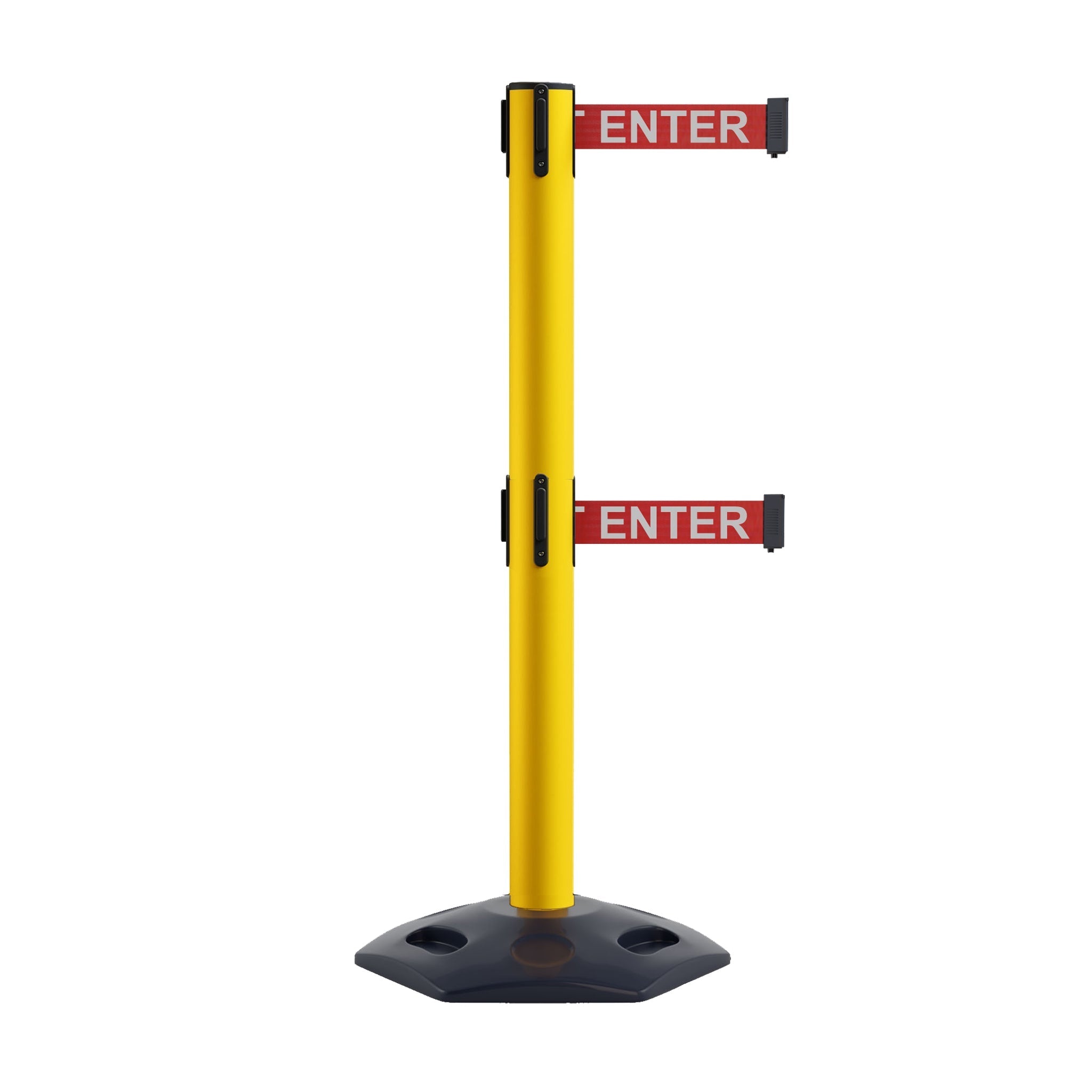Retractable Dual Belt Barrier Stanchion, Heavy - Duty Rubber Base, 16 ft Belt - Montour Line MSR650D - Crowd Control Warehouse