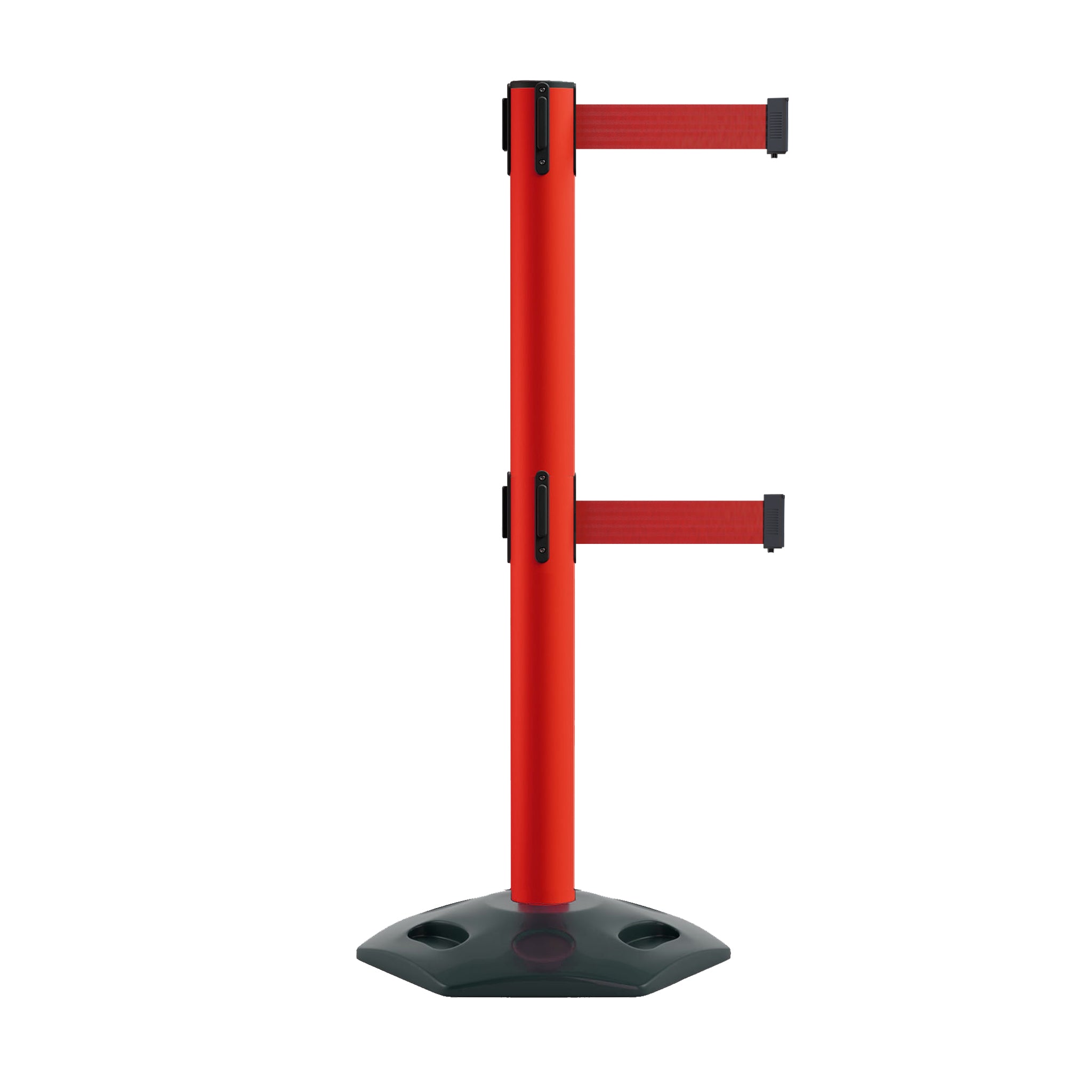 Retractable Dual Belt Barrier Stanchion, Heavy - Duty Rubber Base, 16 ft Belt - Montour Line MSR650D - Crowd Control Warehouse