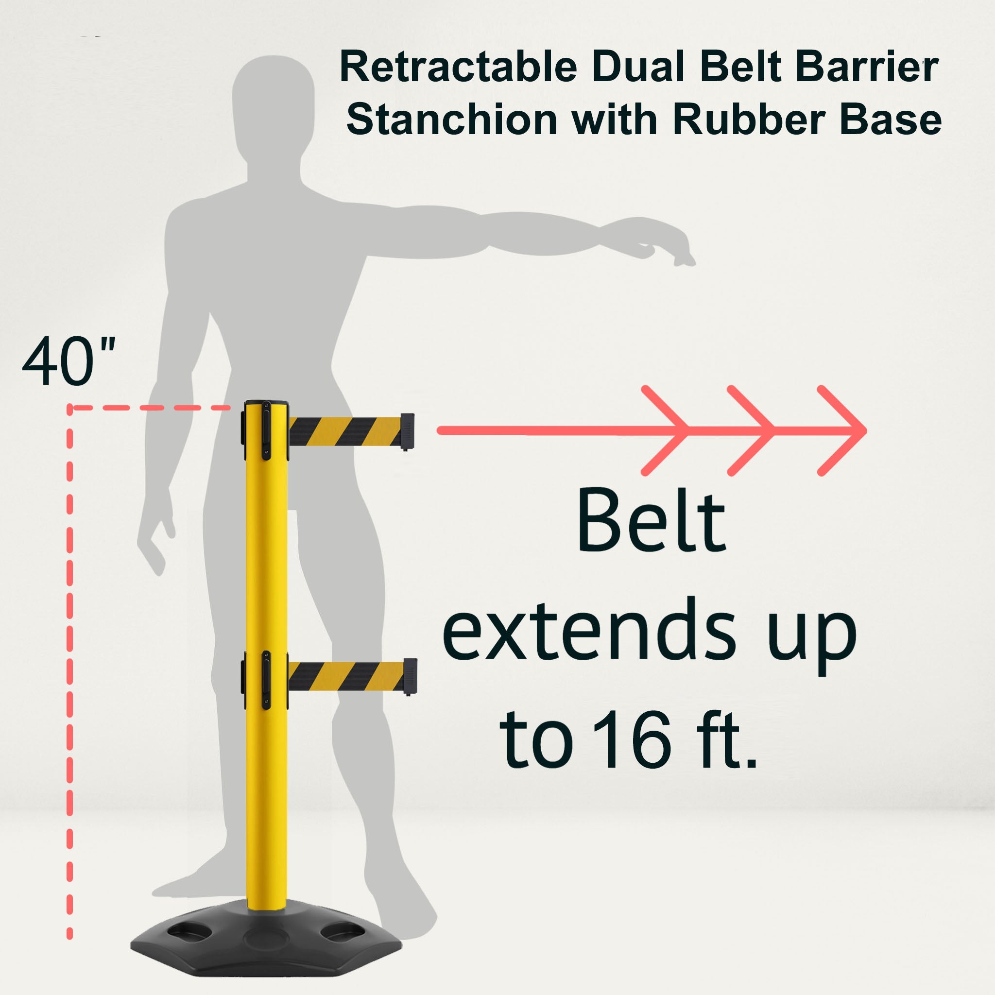 Retractable Dual Belt Barrier Stanchion, Heavy - Duty Rubber Base, 16 ft Belt - Montour Line MSR650D - Crowd Control Warehouse