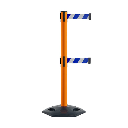 Retractable Dual Belt Barrier Stanchion, Heavy - Duty Rubber Base, 7.5 ft Belt - Montour Line MSR630D - Crowd Control Warehouse