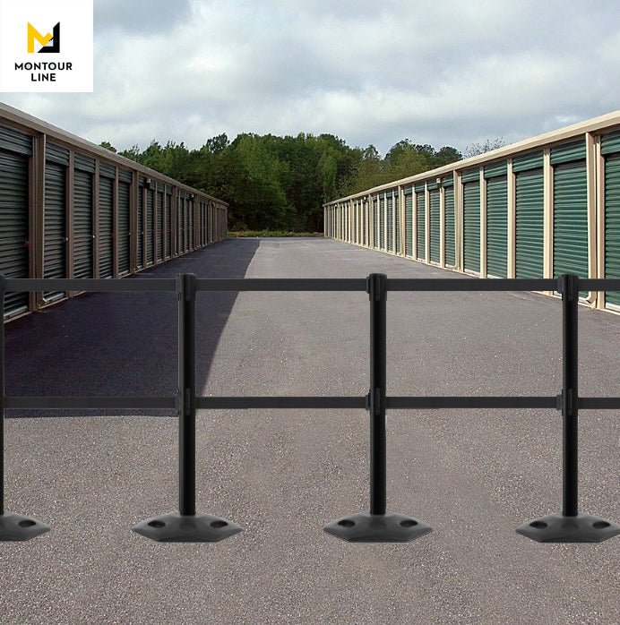 Retractable Dual Belt Barrier Stanchion, Heavy - Duty Rubber Base, 7.5 ft Belt - Montour Line MSR630D - Crowd Control Warehouse