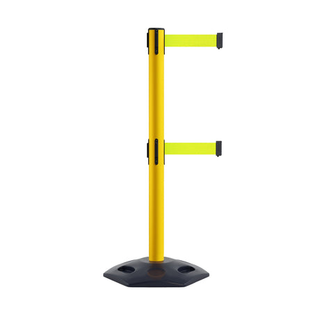 Retractable Dual Belt Barrier Stanchion, Heavy - Duty Rubber Base, 7.5 ft Belt - Montour Line MSR630D - Crowd Control Warehouse