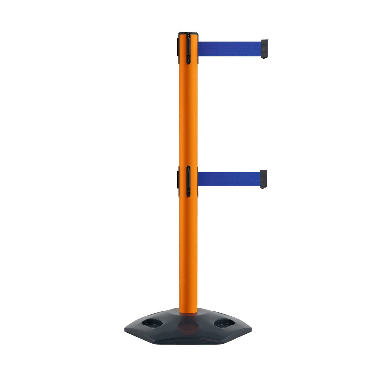 Retractable Dual Belt Barrier Stanchion, Heavy - Duty Rubber Base, 7.5 ft Belt - Montour Line MSR630D - Crowd Control Warehouse