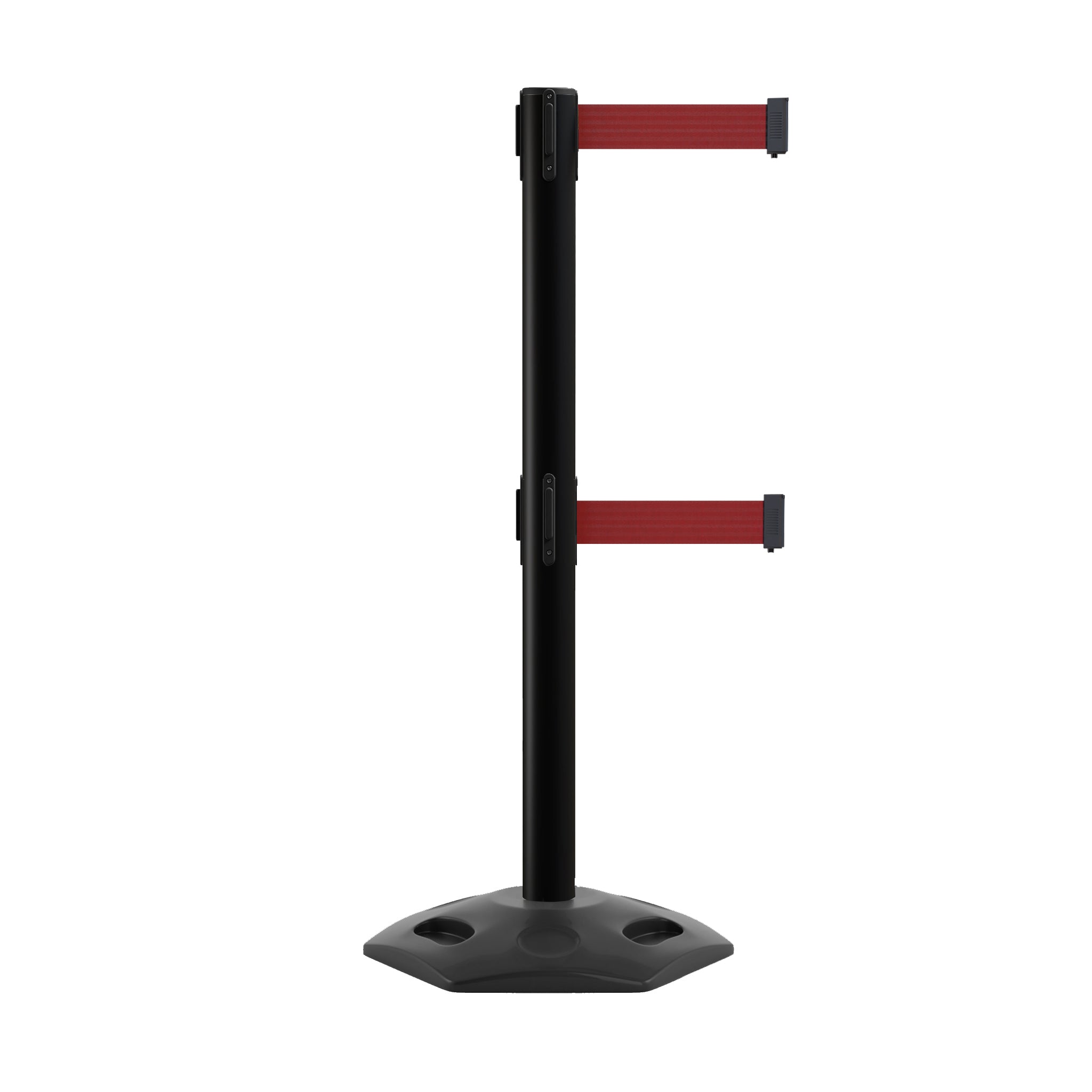 Retractable Dual Belt Barrier Stanchion, Heavy - Duty Rubber Base, 7.5 ft Belt - Montour Line MSR630D - Crowd Control Warehouse