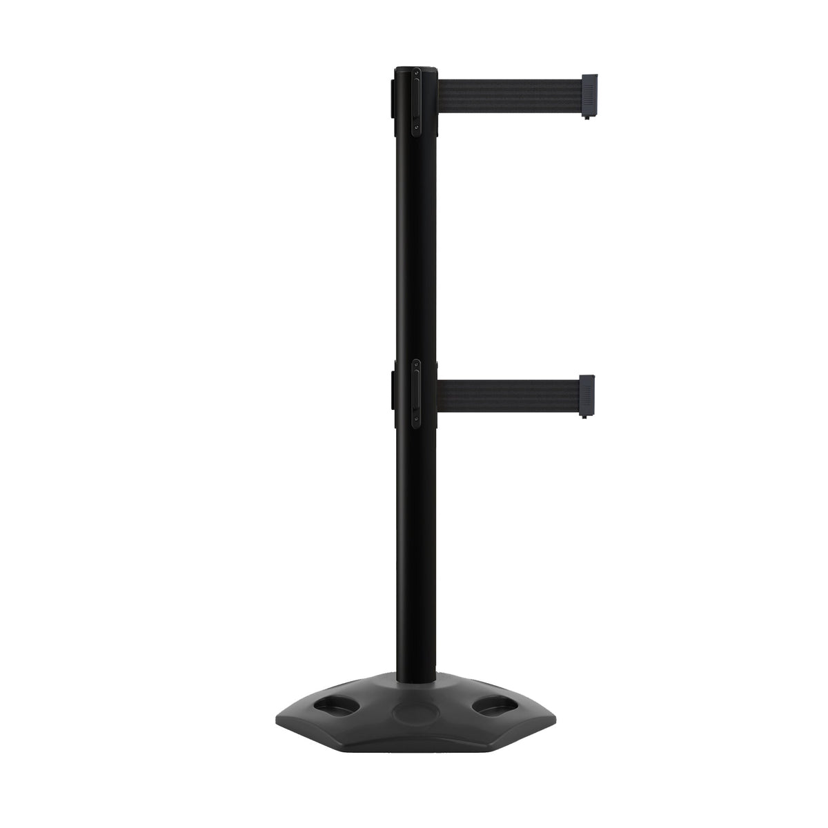 Retractable Dual Belt Barrier Stanchion, Heavy - Duty Rubber Base, 7.5 ft Belt - Montour Line MSR630D - Crowd Control Warehouse