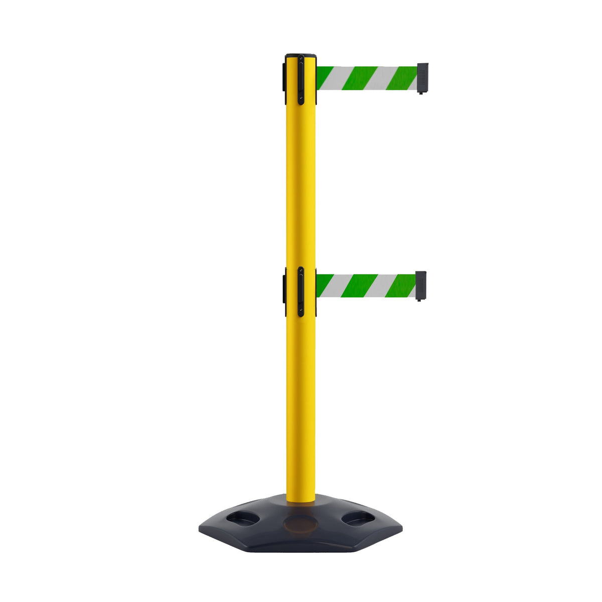 Retractable Dual Belt Barrier Stanchion, Heavy - Duty Rubber Base, 7.5 ft Belt - Montour Line MSR630D - Crowd Control Warehouse