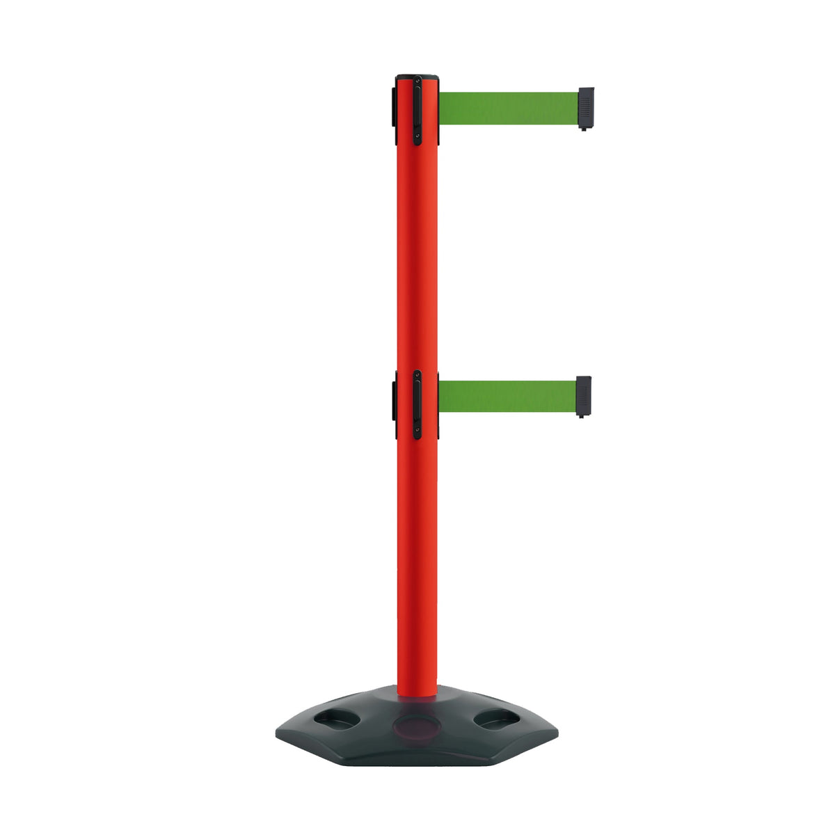 Retractable Dual Belt Barrier Stanchion, Heavy - Duty Rubber Base, 7.5 ft Belt - Montour Line MSR630D - Crowd Control Warehouse