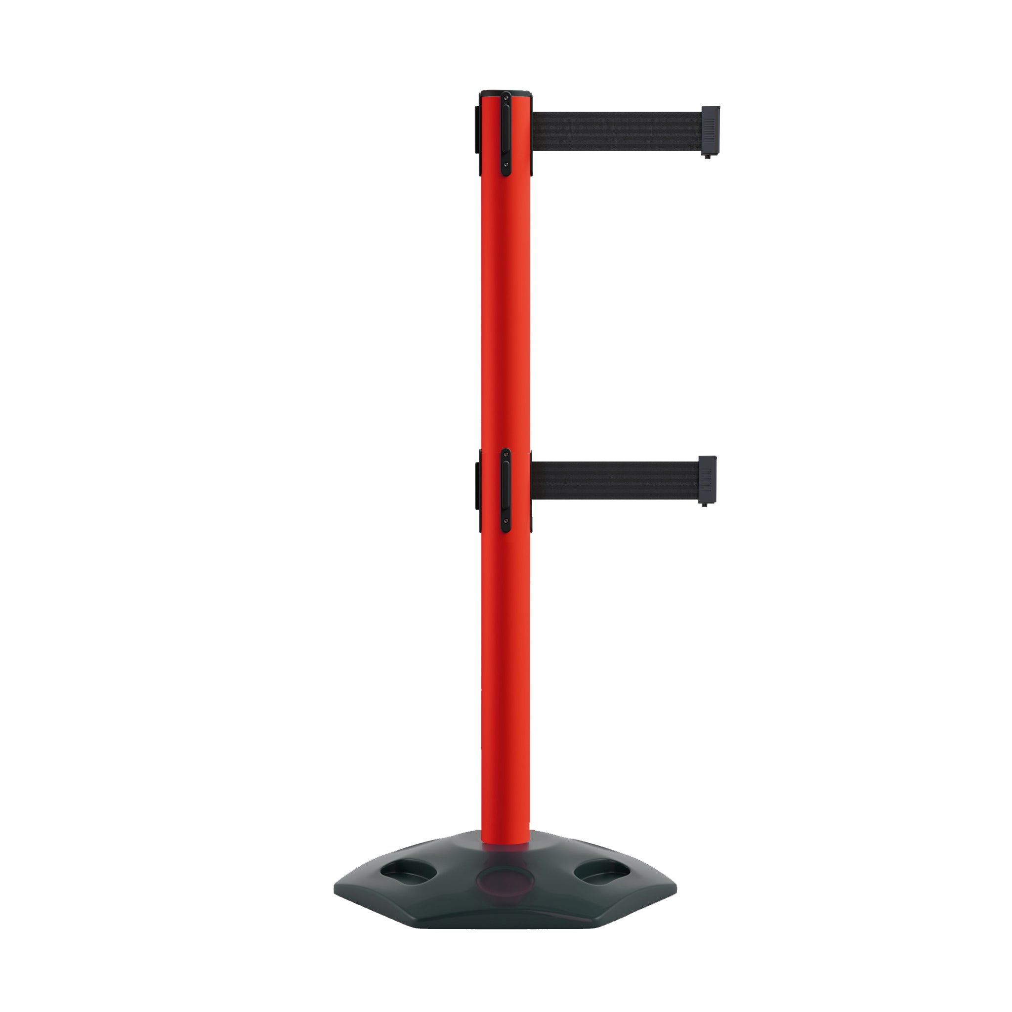 Retractable Dual Belt Barrier Stanchion, Heavy - Duty Rubber Base, 7.5 ft Belt - Montour Line MSR630D - Crowd Control Warehouse