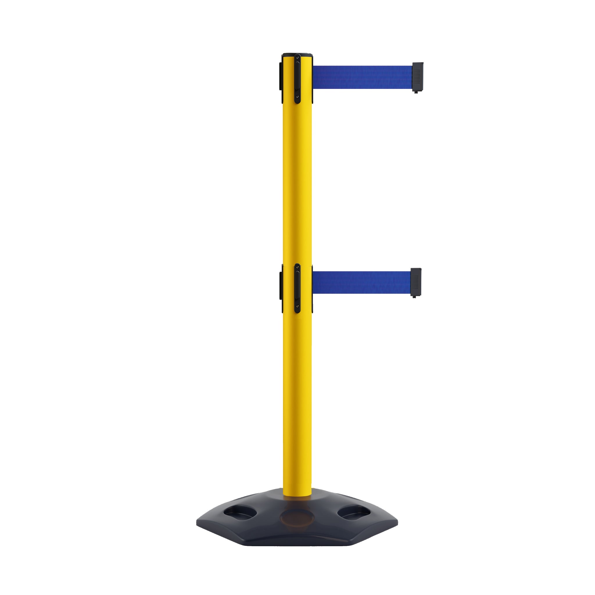 Retractable Dual Belt Barrier Stanchion, Heavy - Duty Rubber Base, 7.5 ft Belt - Montour Line MSR630D - Crowd Control Warehouse