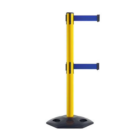 Retractable Dual Belt Barrier Stanchion, Heavy - Duty Rubber Base, 7.5 ft Belt - Montour Line MSR630D - Crowd Control Warehouse