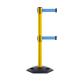 Retractable Dual Belt Barrier Stanchion, Heavy - Duty Rubber Base, 7.5 ft Belt - Montour Line MSR630D - Crowd Control Warehouse