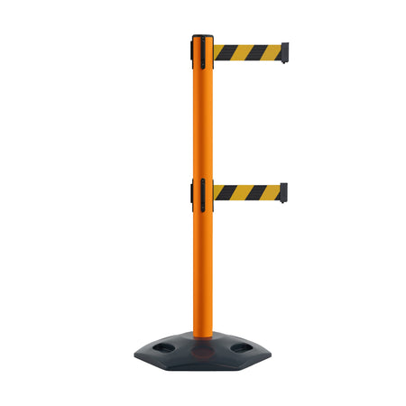 Retractable Dual Belt Barrier Stanchion, Heavy - Duty Rubber Base, 7.5 ft Belt - Montour Line MSR630D - Crowd Control Warehouse