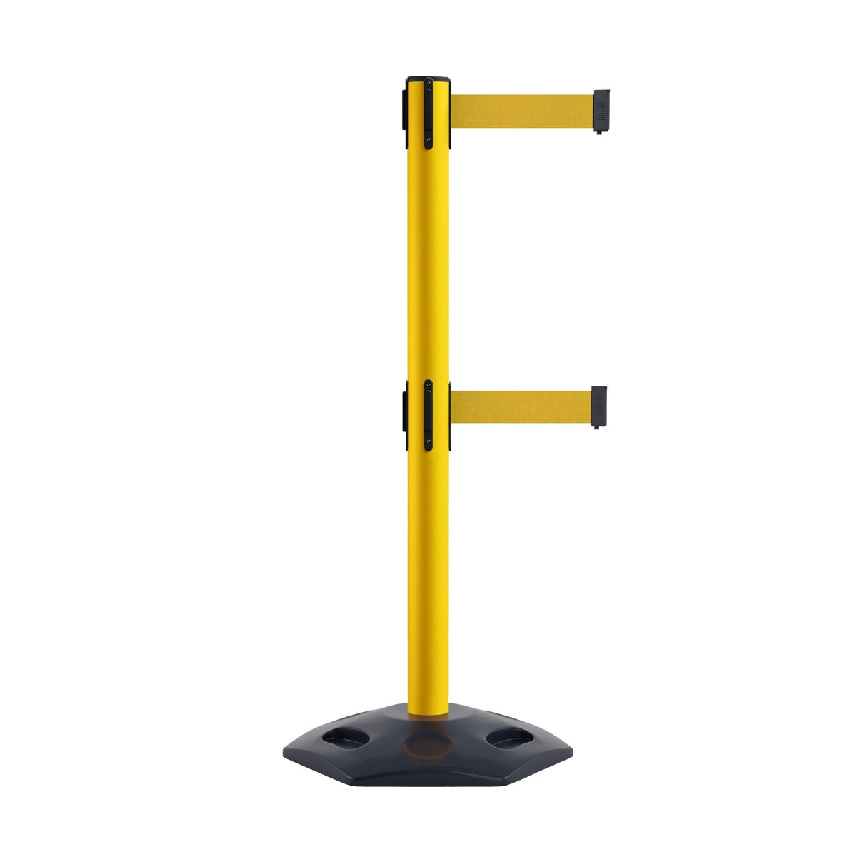 Retractable Dual Belt Barrier Stanchion, Heavy - Duty Rubber Base, 7.5 ft Belt - Montour Line MSR630D - Crowd Control Warehouse