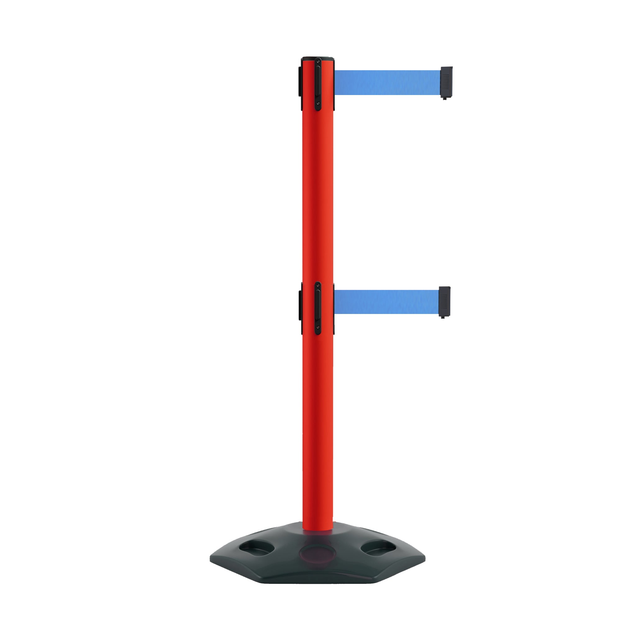 Retractable Dual Belt Barrier Stanchion, Heavy - Duty Rubber Base, 7.5 ft Belt - Montour Line MSR630D - Crowd Control Warehouse